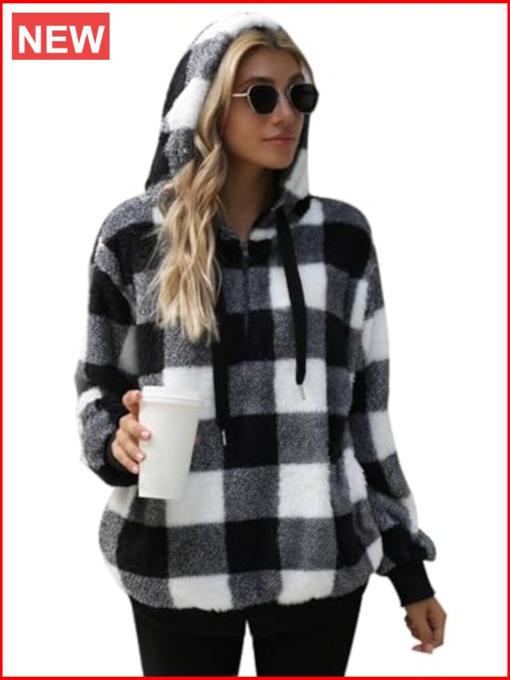 Women's Sherpa Pullover Oversized Fuzzy Hoodie Double Fleece Sweatshirt Plaid - Picture 4 of 6
